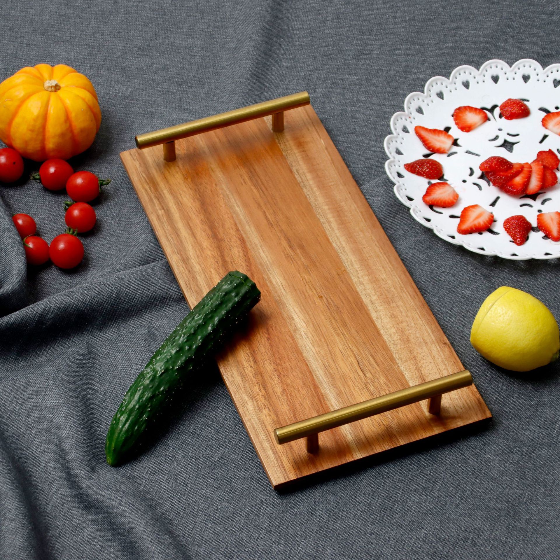 Wooden Serving Tray with Gold Metal Handles – 36×17×4.5cm Rectangular Display Platter